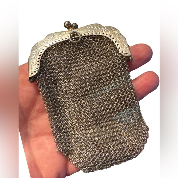 Antique Handbags - Elegant Antique Sterling Silver 800 Etched Chainmail Mesh Change Purse Bag 1800s